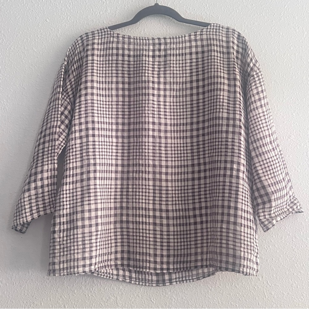 Eileen Fisher 3/4 Sleeve 100% Linen Top Blouse‎ Size SP Brown White - Picture 5 of 8
